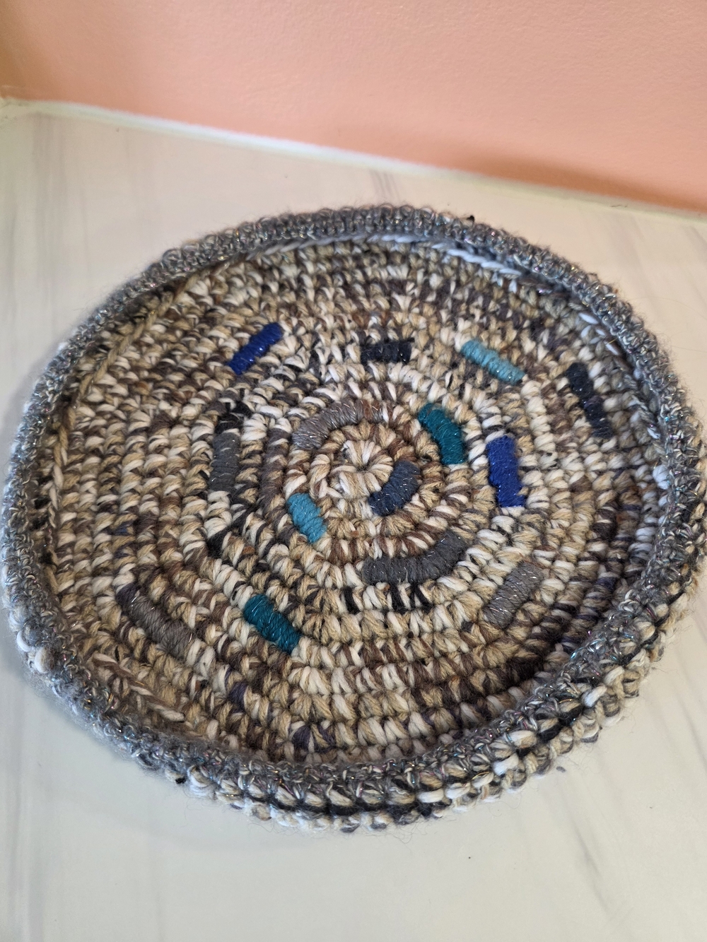 Handmade Braided Fiber Trivet with Teal and Navy Accents